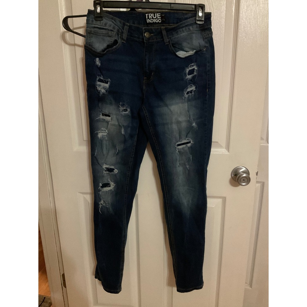 True Indigo Mens Distressed Skinny Jeans Dark Wash Ripped Denim 32x30